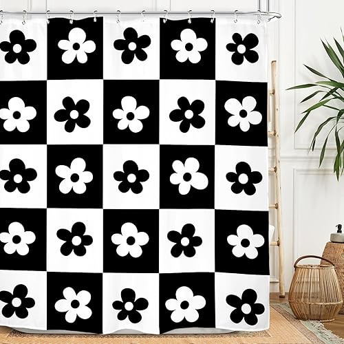 Miniatura 31 de Miyotaa Juego de cortina de ducha retro a cuadros de 60 pulgadas de ancho x 71 pulgadas de alto, 70, colorido, estético, moderno, pastel, Y2K,