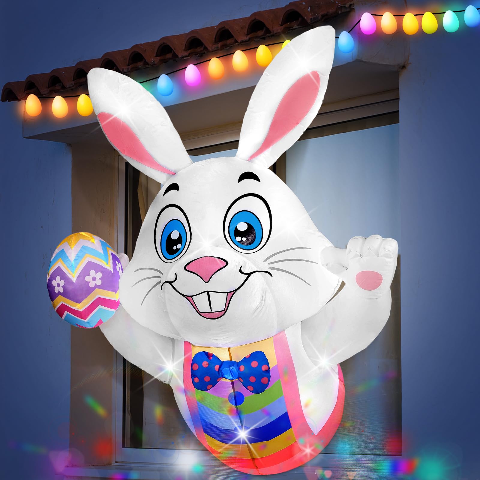 Photo 1 of 4 ft Easter Inflatable Outdoor Decorations Easter Window Inflatable Bunny Holds Color Egg Light up Blow up Yard Decoration Lighted Easter Blow up Yard Decor for Yard Lawn Garden