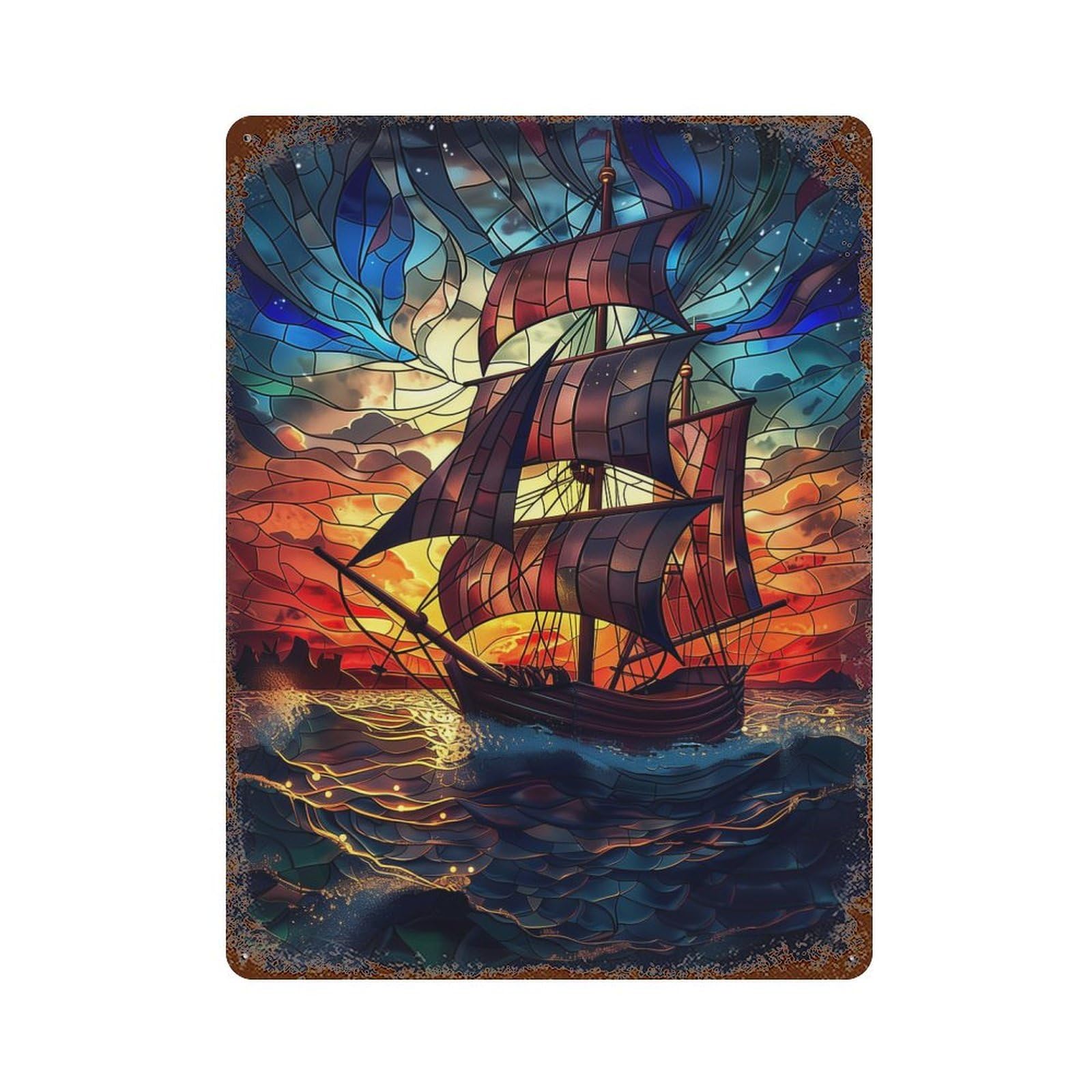 Stained Glass Pirate Ship Vintage Wall Sign 15.7"x11.8", Rust Effect Metal Decor for Farmhouse, Kitchen And Entryway Decor