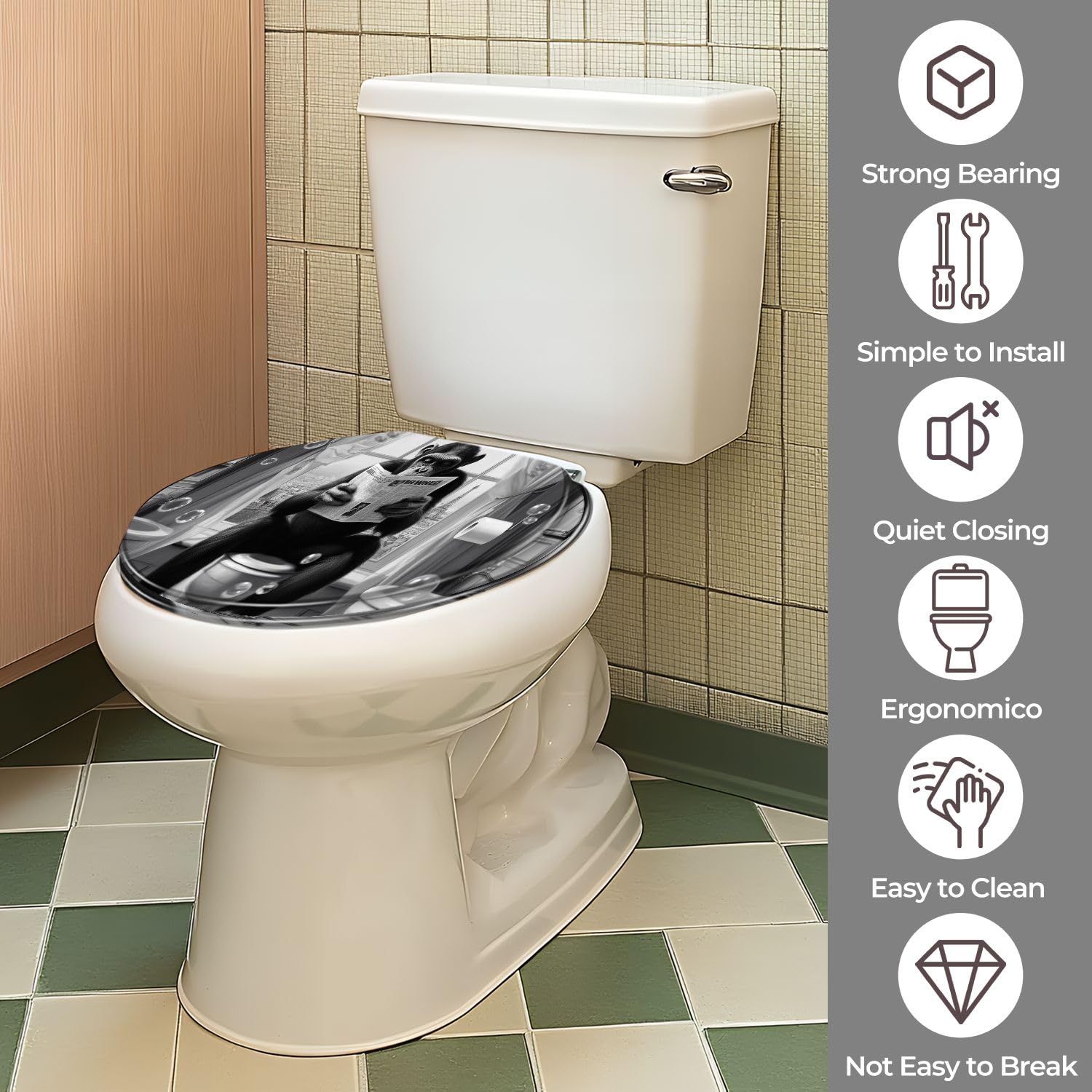 Asiento de inodoro decorativo con bisagras de liberación rápida para baño.