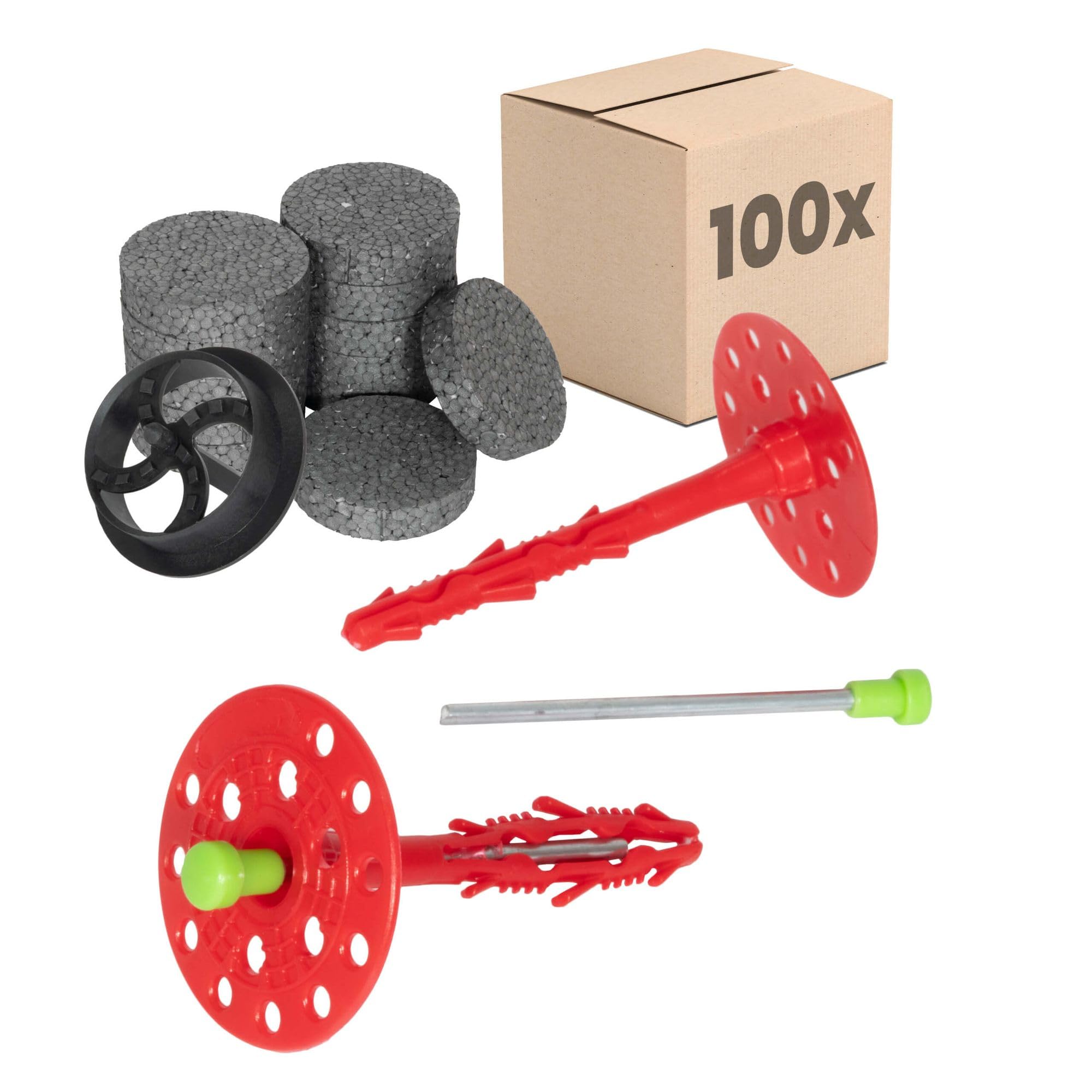 PROTEKTOR 100x Dämmstoffdübel Set Ø8x100mm inkl. Rondelle, Fräser & Stahlnagel für WDVS Außenisolierung, ETA-zertifizierte Schlagdübel Fassadendübel Tellerdübel aller Nutzungskategorien