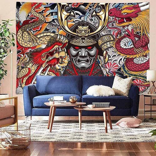 Miniatura 5 de Aidatain Tapiz samurái japonés de anime Oni para colgar en la pared, diseño estético de dragón japonés de franela grande de 80 pulgadas y 60