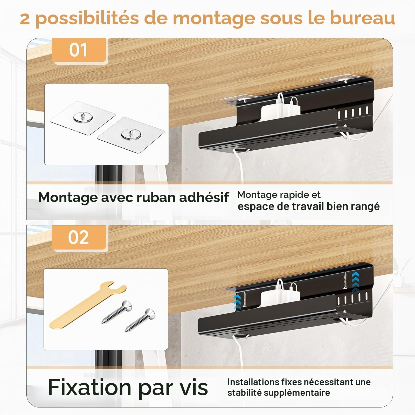 Plateau de Gestion de câbles sous la Table, Chemin de Cable Management Bureau, Rangement Cable Bureau, Support multiprise sous Bureau, Chemin de Cable Bureau, Noir