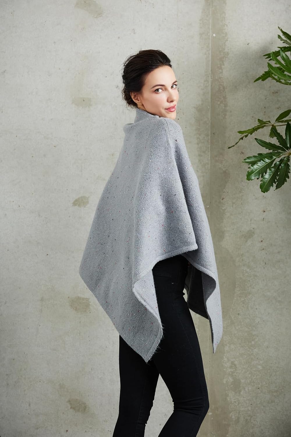 Women's Heaps Collar Bohemian Poncho Sweater Knitted Cape Irregular Hem Wrap Pullover for Spring Fall Winter (Grey) - Image 4