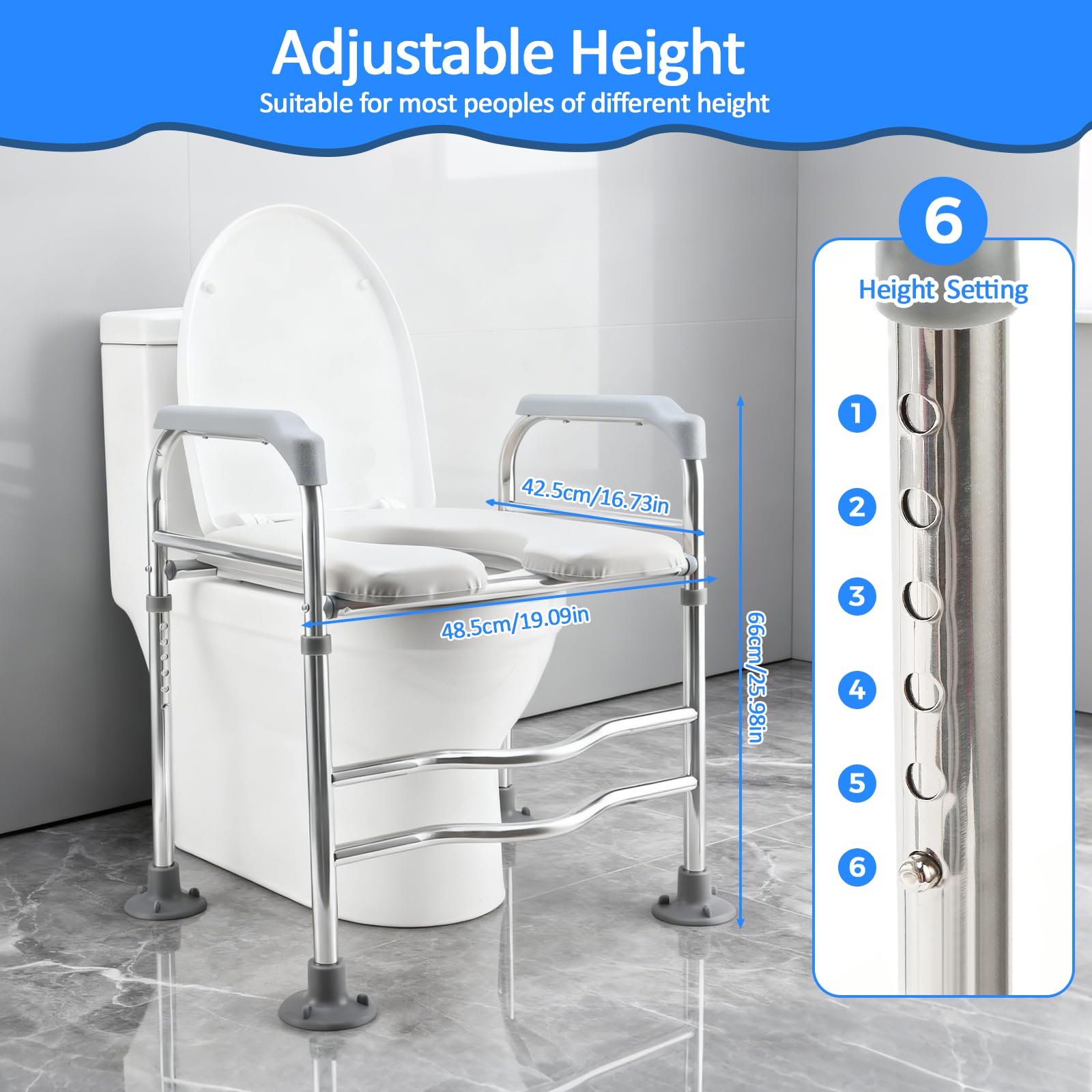 Rialzo per sedile WC per anziani, sedile rialzato con maniglie e sedile imbottito, altezza regolabile 158,8 kg, sedile WC rialzato per anziani in gravidanza, adatto a qualsiasi WC