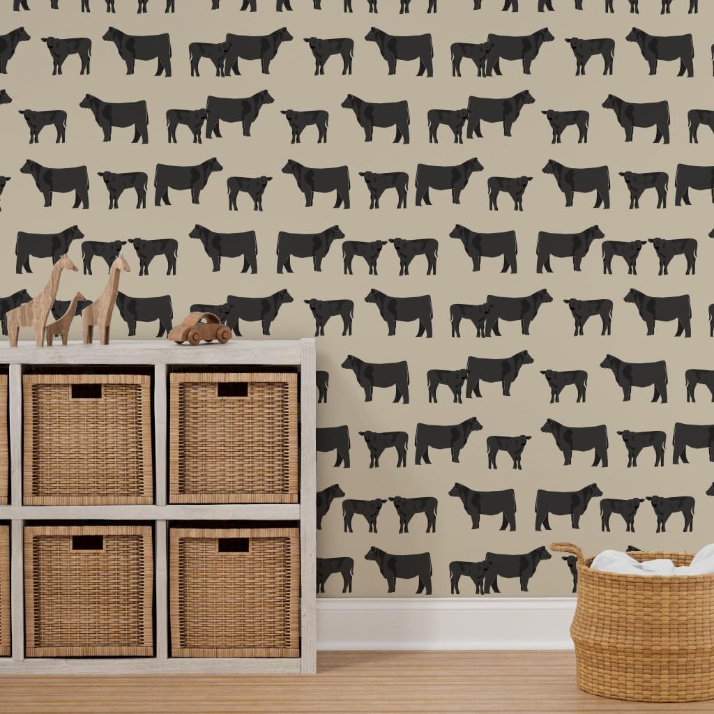 Peel & Stick Wallpaper 3ft x 2ft - Black Cattle Cow Calf Cows Farm Rustic Animals Farmhouse Decor Pet Portrait Custom Removable Wallpaper by Spoonflower