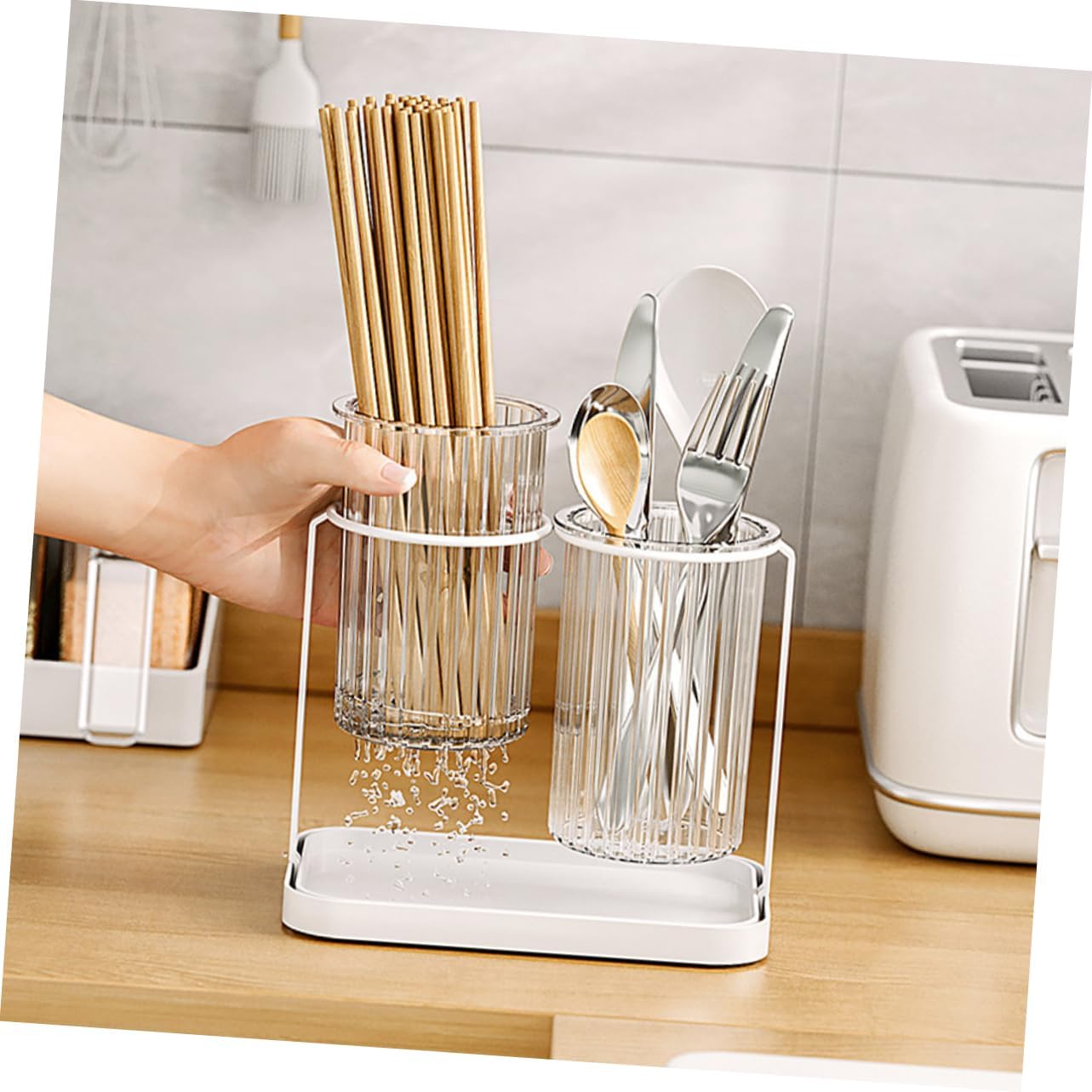 Zerodeko Kitchen Utensil Holder Multi Functional Cutlery Organizer for Spoons Forks and Chopsticks and Design Elegant Modern Kitchen Decor Space Saving Drain