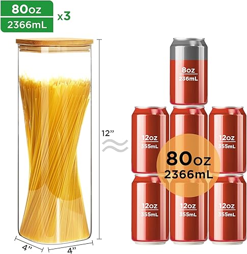 Miniatura 2 de Contenedor de almacenamiento de pasta de espaguetis de 80 onzas con tapas de bambú, recipientes de almacenamiento de alimentos de vidrio cuadrados