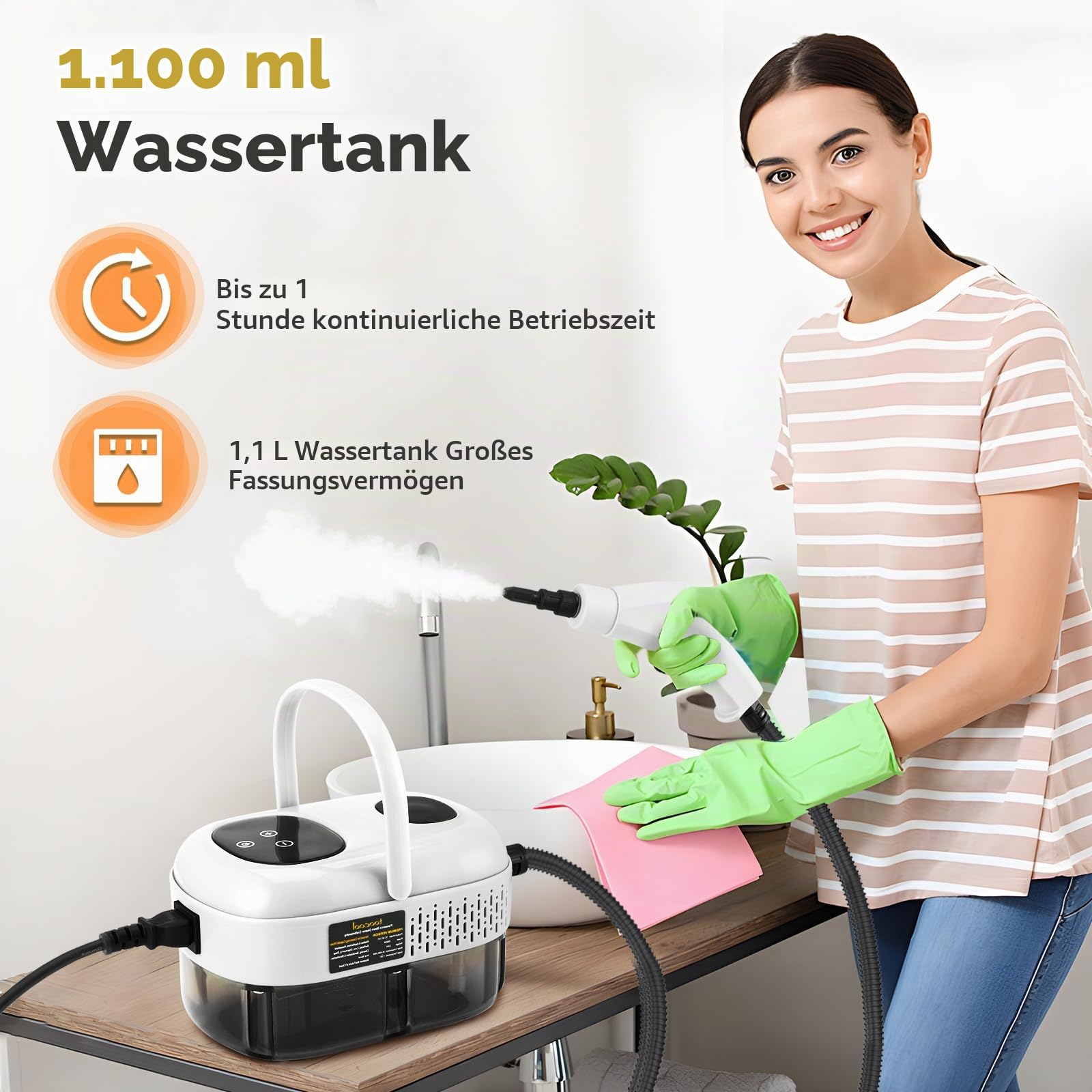 2500W Tragbarer Dampfreiniger mit 1100ML Wassertank, Dampfreiniger Handgerät 3.0 bar Druck & 9 Zubehörteilen und 3 Bürstenköpfen – Ideal für Küche, Bad, Auto & Polster