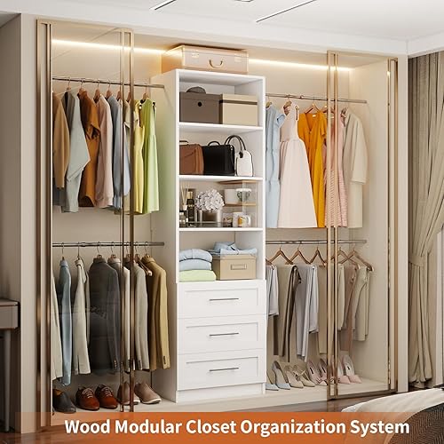 Miniatura 7 de Sistema de armario con cajones, sistema organizador de armario de 4 a 8 pies, torre organizadora de armario de 96 pulgadas con estantes ajustables,