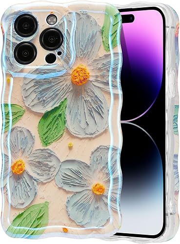 Miniatura 10 de EYZUTAK Funda para iPhone 15 Pro Max, colorida pintura al óleo retro impresa flor patrón brillante láser lindo borde ondulado rizado exquisita