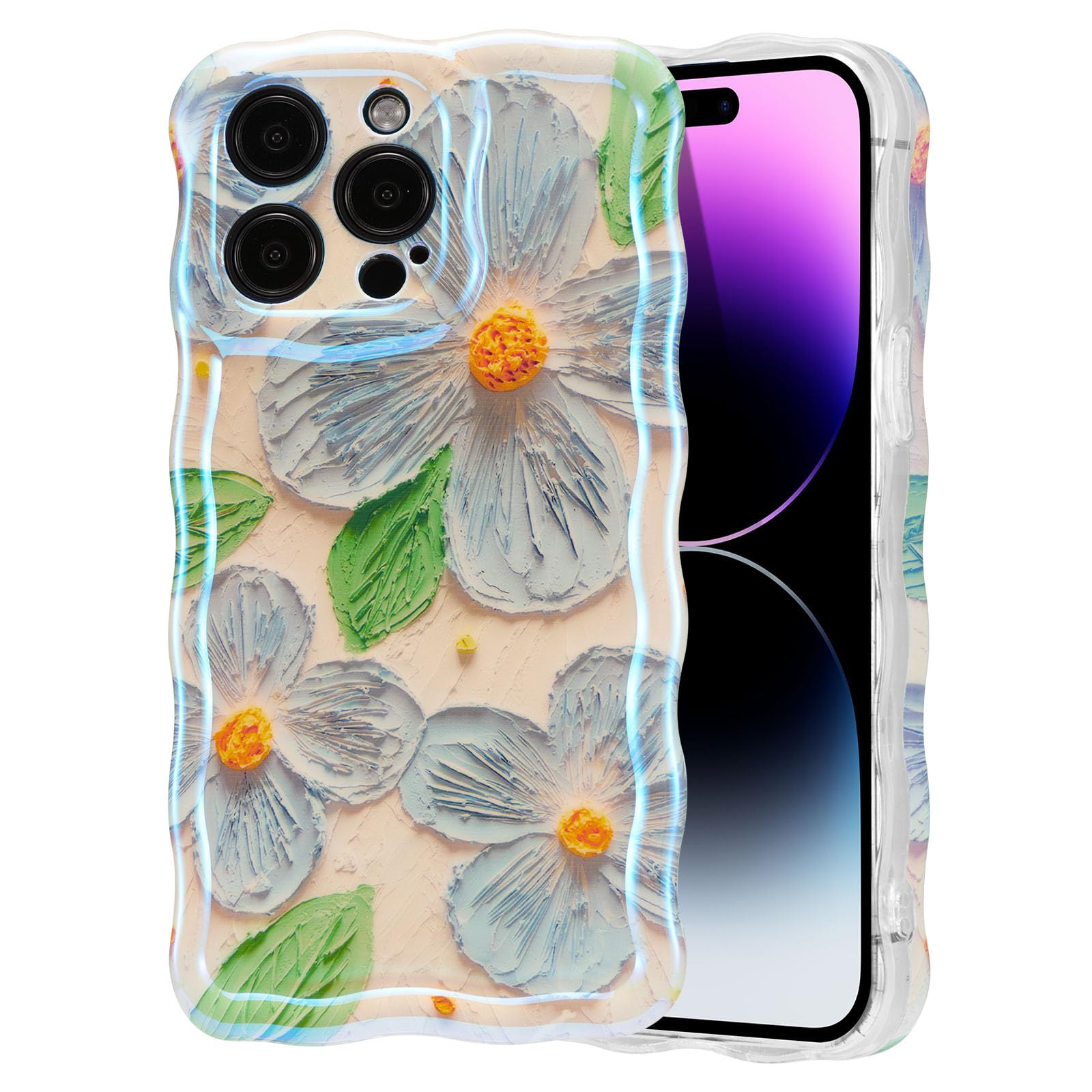 EYZUTAK Case for iPhone 15, Colorful Retro Oil Painting Flower Laser Beam Glossy Pattern Cute Curly Waves Border Exquisite Phone Cover Stylish Durable Soft TPU Protective Case for Girls Women - Green — view 26