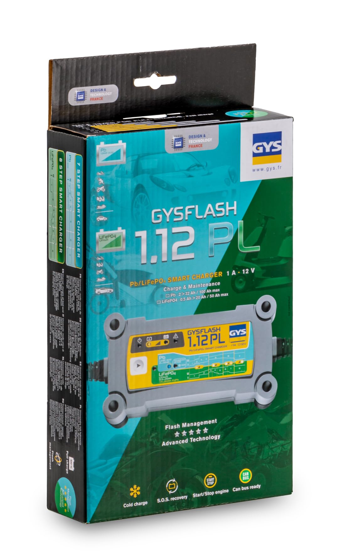 GYS - GYSFLASH 1.12, Caricabatterie/Mantenimento di Carica per Le Batterie, 12V, 1A, Piombo e Litio, Caricatore Intelligente, mantenitore, Moto, Auto, Moto d’Acqua, Showroom - 026902