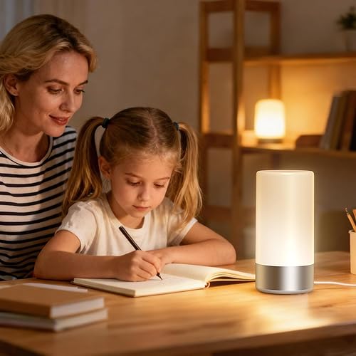 Miniatura 5 de Lámpara de mesa, lámpara de control táctil de mesita de noche para dormitorio, 3 niveles, regulable, luces blancas cálidas con modo de color RGB 256