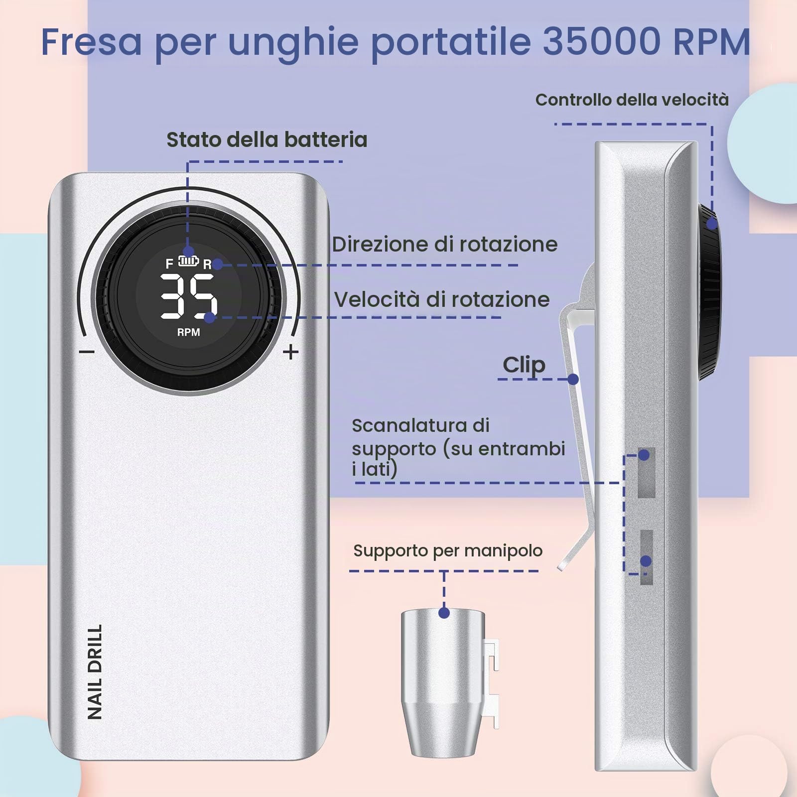Delanie Fresa per Unghie Professionale 35000 Giri, Trapano Elettrico Ricaricabile per Unghie, Fresa Portatile per Unghie Semipermanente, Manicure e Pedicure, Adatta a Casa e Salone, Argento