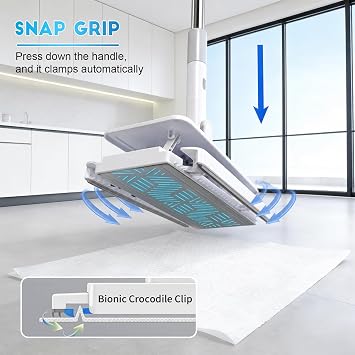 Hands Free Flat Mop, One Click Snap Grip, Cloth Changing Mop