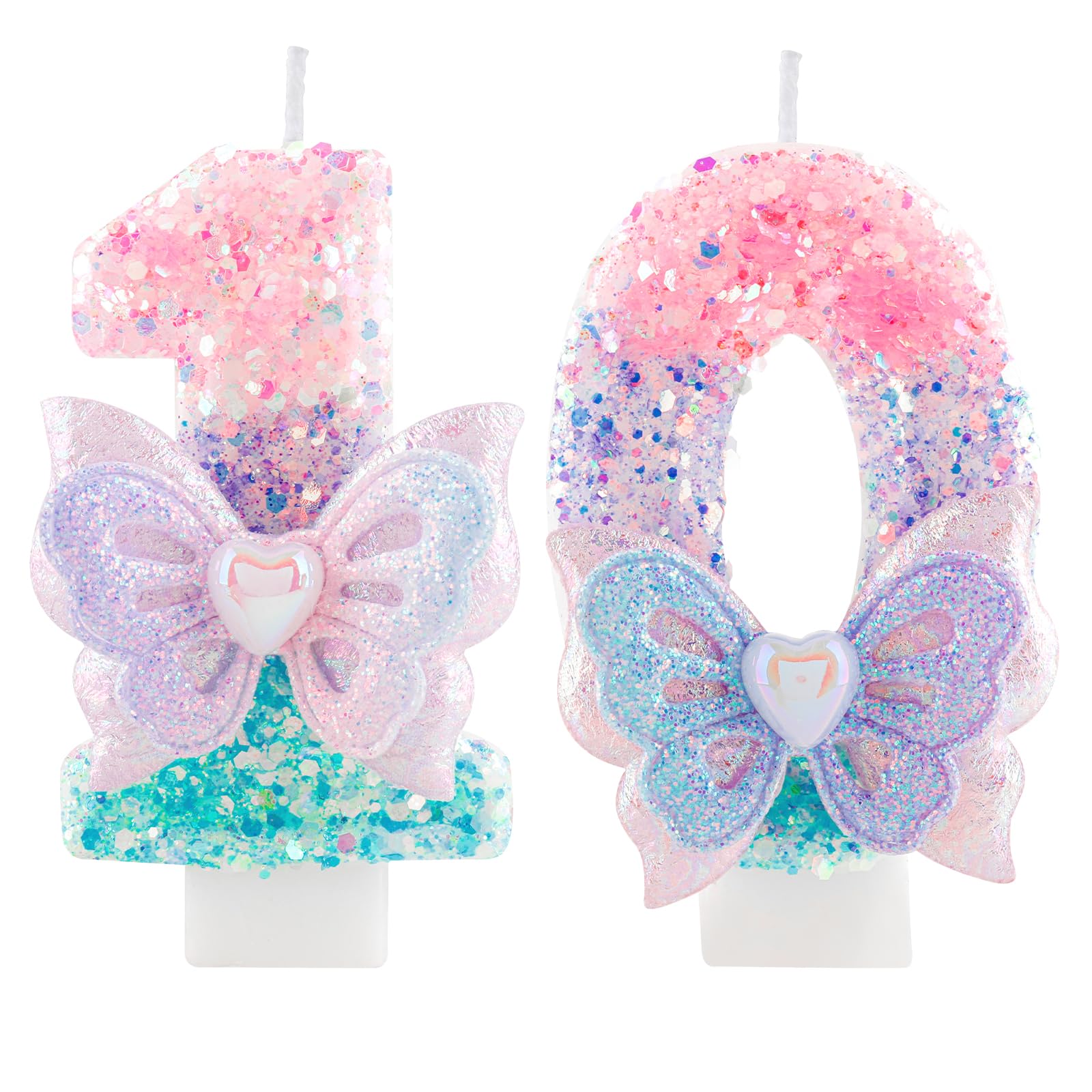 Yiran 10th Birthday Candle for Girls, Princess Glitter Number 10 Candle with Butterfly Decor, Purple Pink Blue Gradient Sequins Butterfly Candle Cake Topper Party for Girls Birthday Decorations