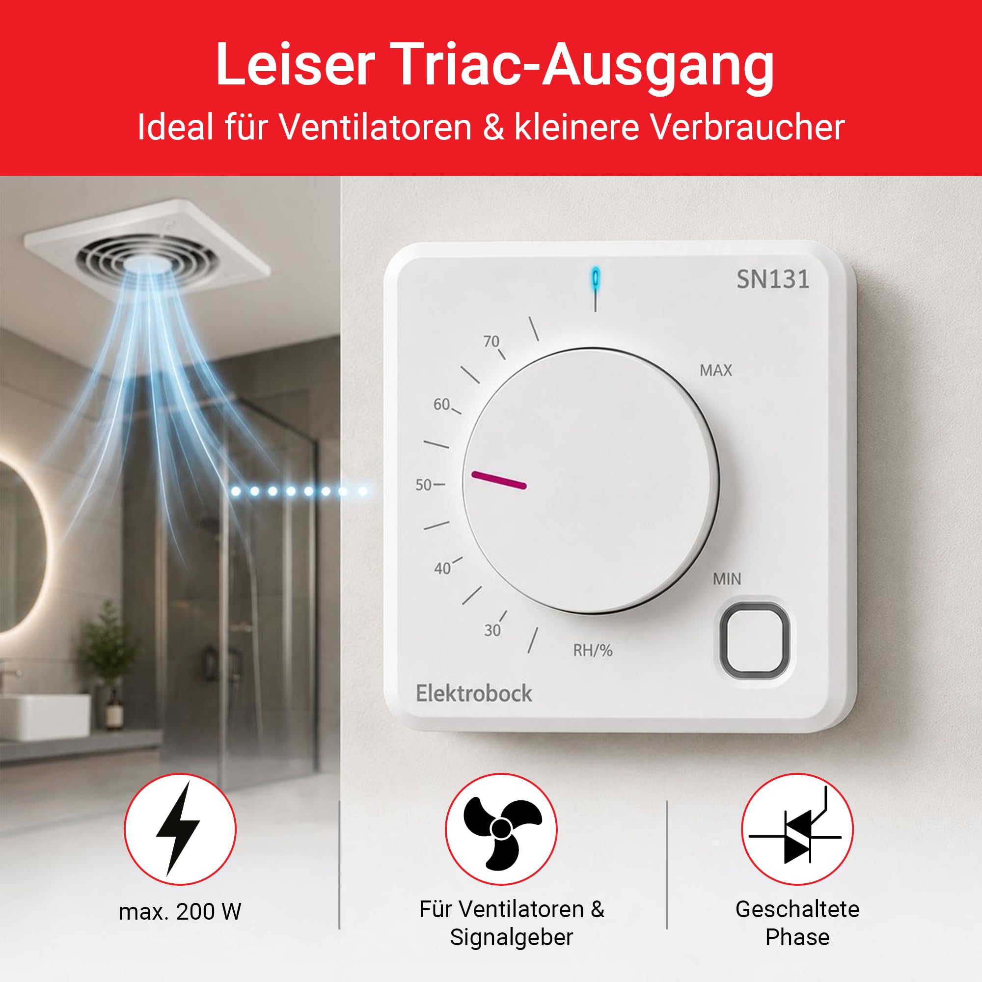ELEKTROBOCK SN131-TR Capteur d'humidité pour contrôle Automatique du Ventilateur | Hygrostat pour Salle de Bain, Cave et buanderie | Protection Contre la moisissure et la Condensation | Commutation