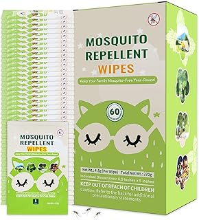 60 PCS Mosquito Repellent Wipes, Individually Wrapped Insect Repellent Wipes Made of Natural Plant-Based Essential Oils, Safe & Effective Insect Protection Perfect for Outdoor Activities, Long-Lasting