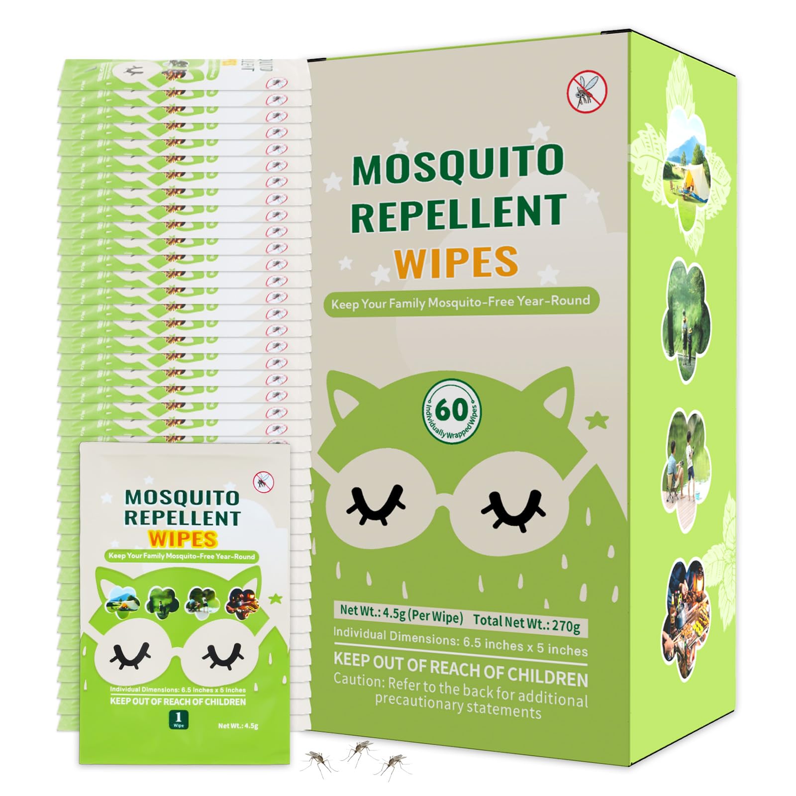 60 PCS Mosquito Repellent Wipes, Individually Wrapped Insect Repellent Wipes Made of Natural Plant-Based Essential Oils, Safe & Effective Insect Protection Perfect for Outdoor Activities, Long-Lasting