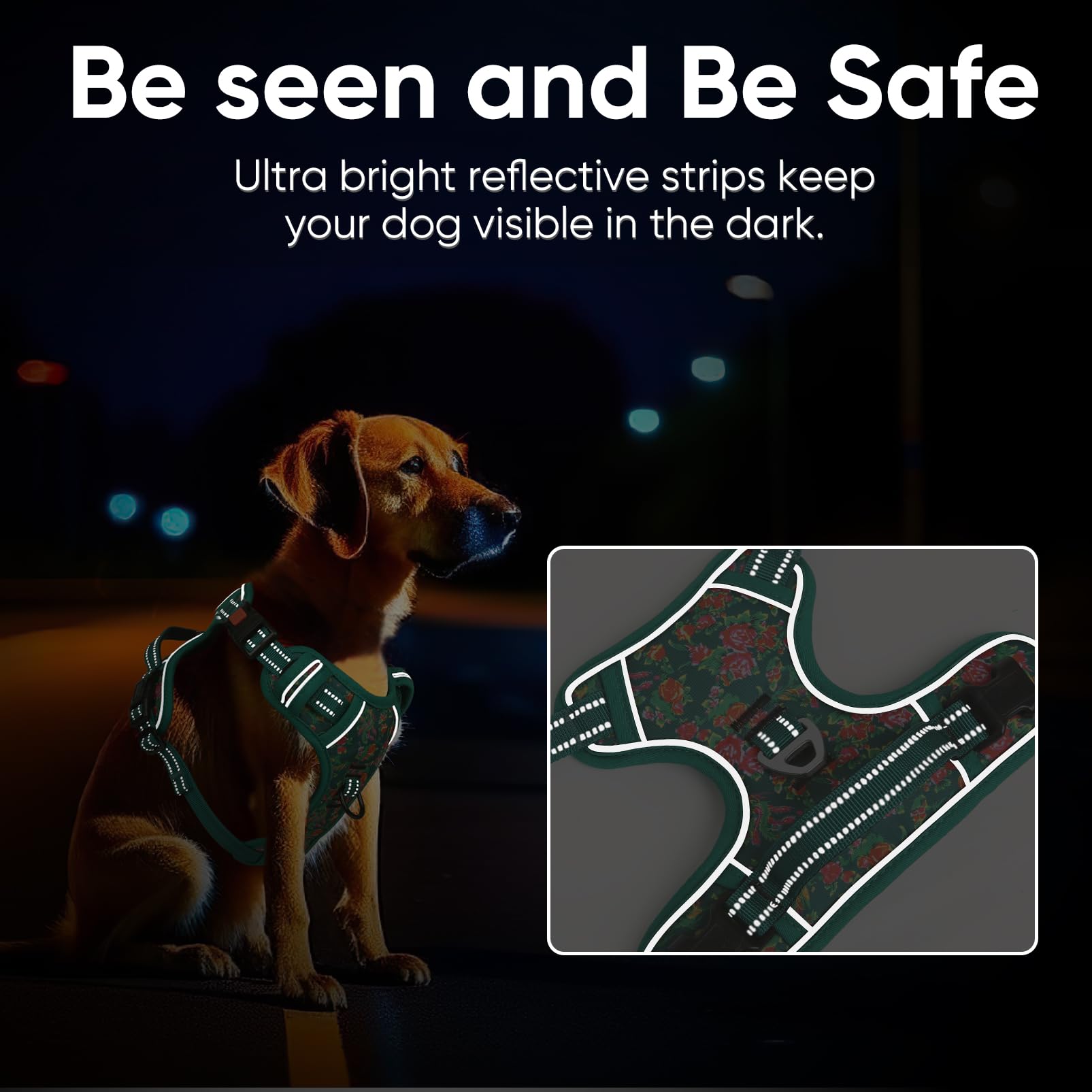 HEELE Pettorina Cane, Imbracatura Sganciata Rapido dal Collo, Pettorina Anti-tiro Riflettente e Regolabile con Maniglia Comoda, Morbida e Imbottita per Cani, Floral-Verde-Serratura S