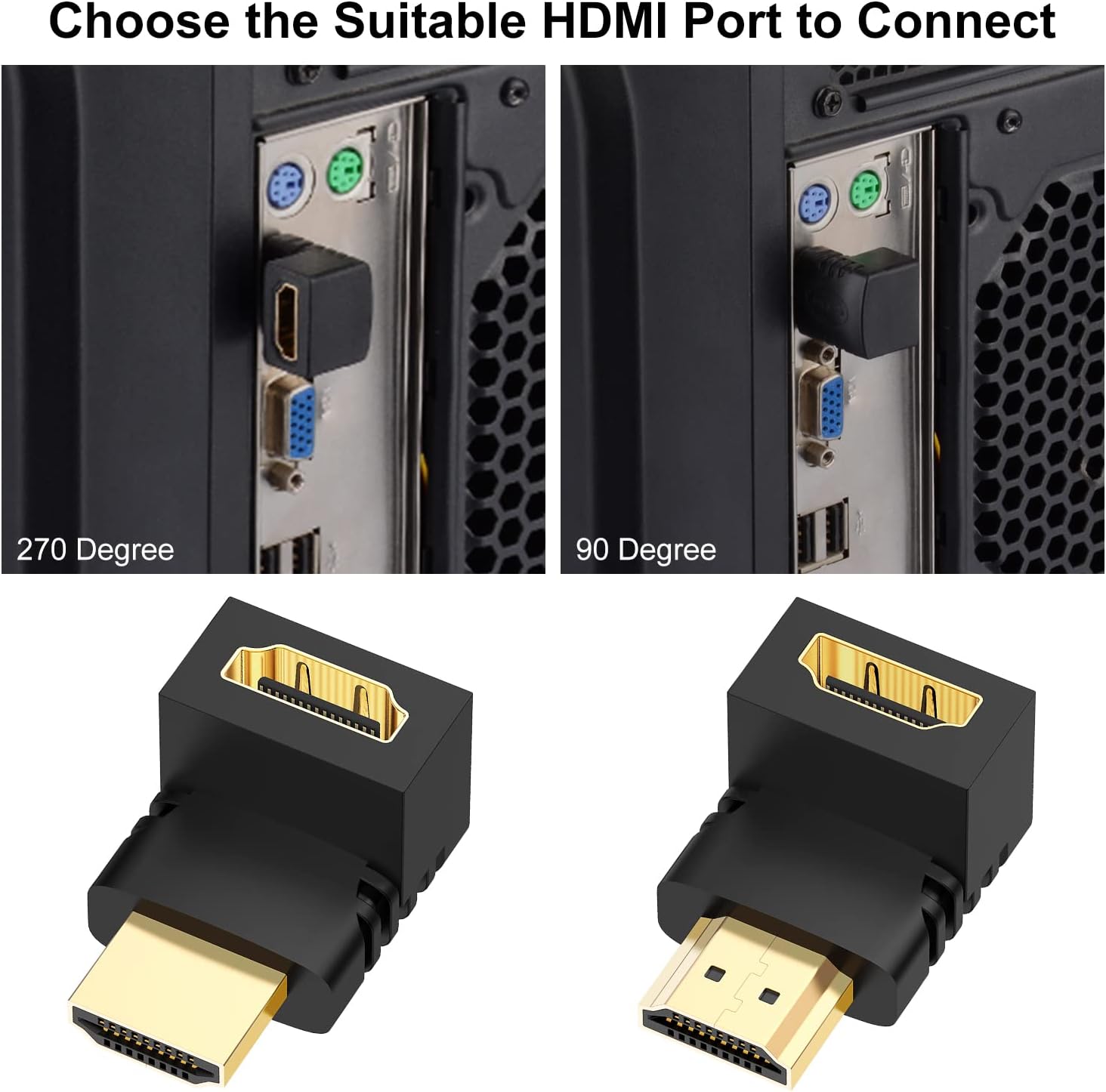 J&D 90 Degree and 270 Degree HDMI Adapter (2 Pack), Gold Plated Right Angle Male to Female HDMI Adapter 90 to 270 Degree