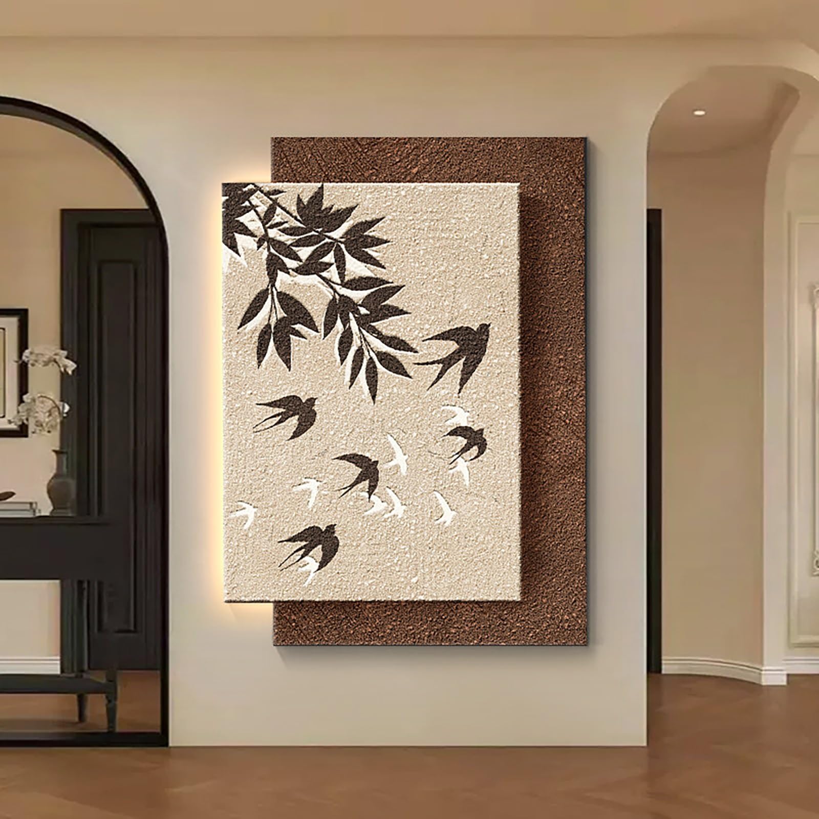 ZCQMSCWW 3D LED Vertical Wall Art, Leaf and Swallow Pattern Borderless Sandstone Texture Plug-in Power for Living Room Bedroom Entryway(G,50 * 70cm/19.6 * 27.5in)