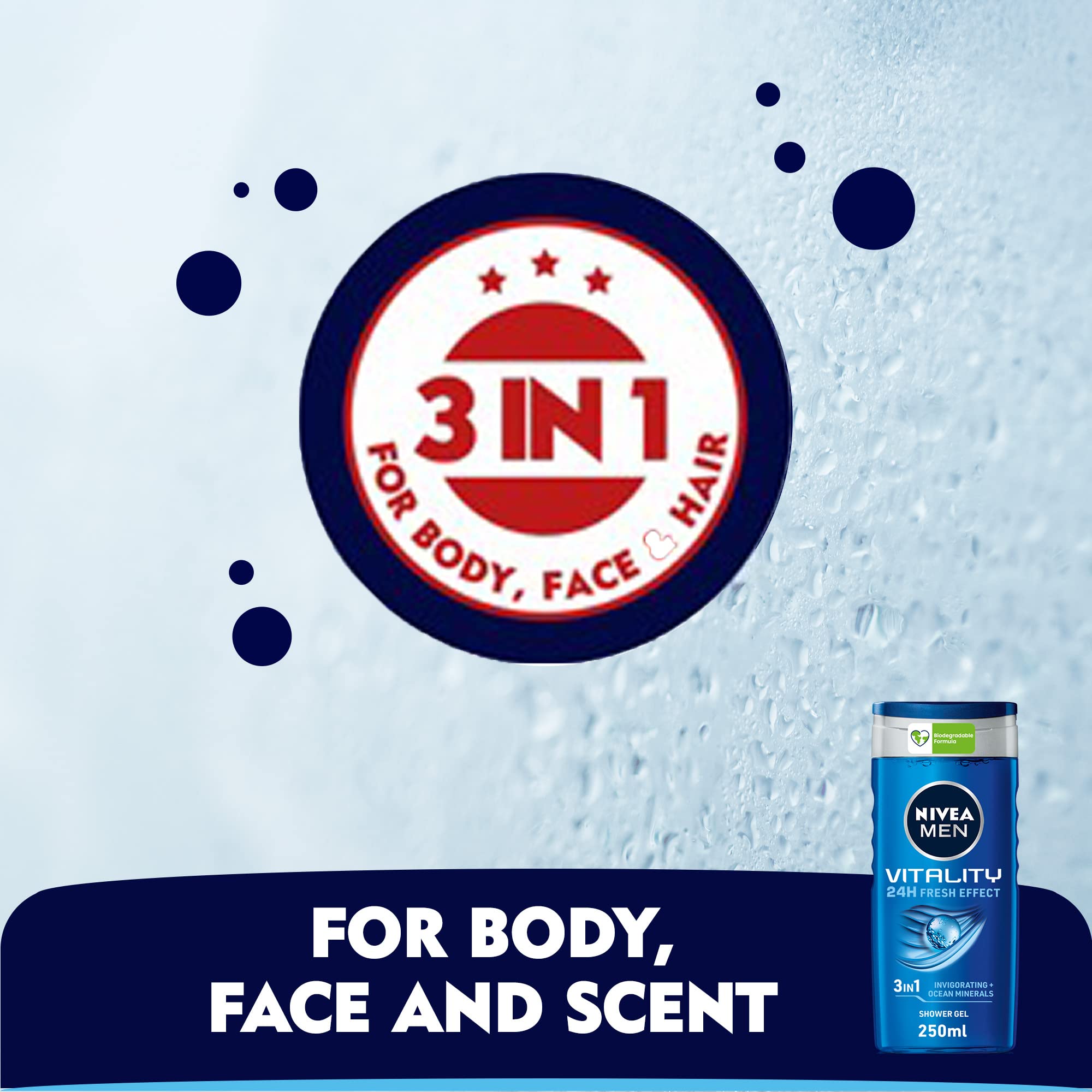 NIVEA MEN Vitality Fresh Shower Gel 250ml – Revitalising Body Wash & Shampoo for Men with an Uplifting Fresh Scent, Rich Lather Cleans Body and Hair for a Fresh, Revived Feel Every Day
