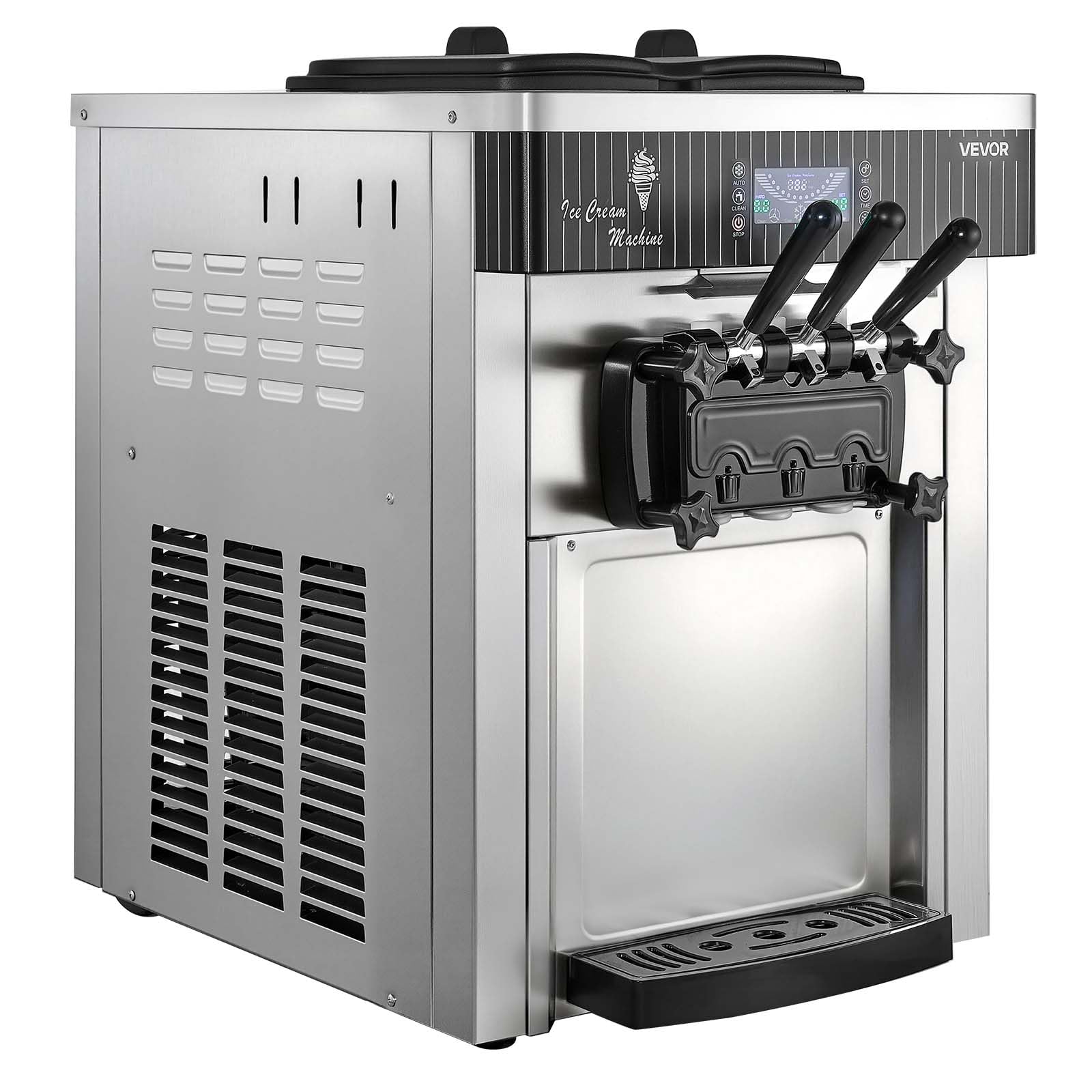 VEVOR Gewerbliche Eismaschine 20-28 L/h Leistung, Softeismaschine 2200 W lmit 2 x Behältern (6 L), Vorkühlung, Selbstreinigung und LED-Display, Tischgerät für Snackbars, Dessertläden und Cafés, Silber