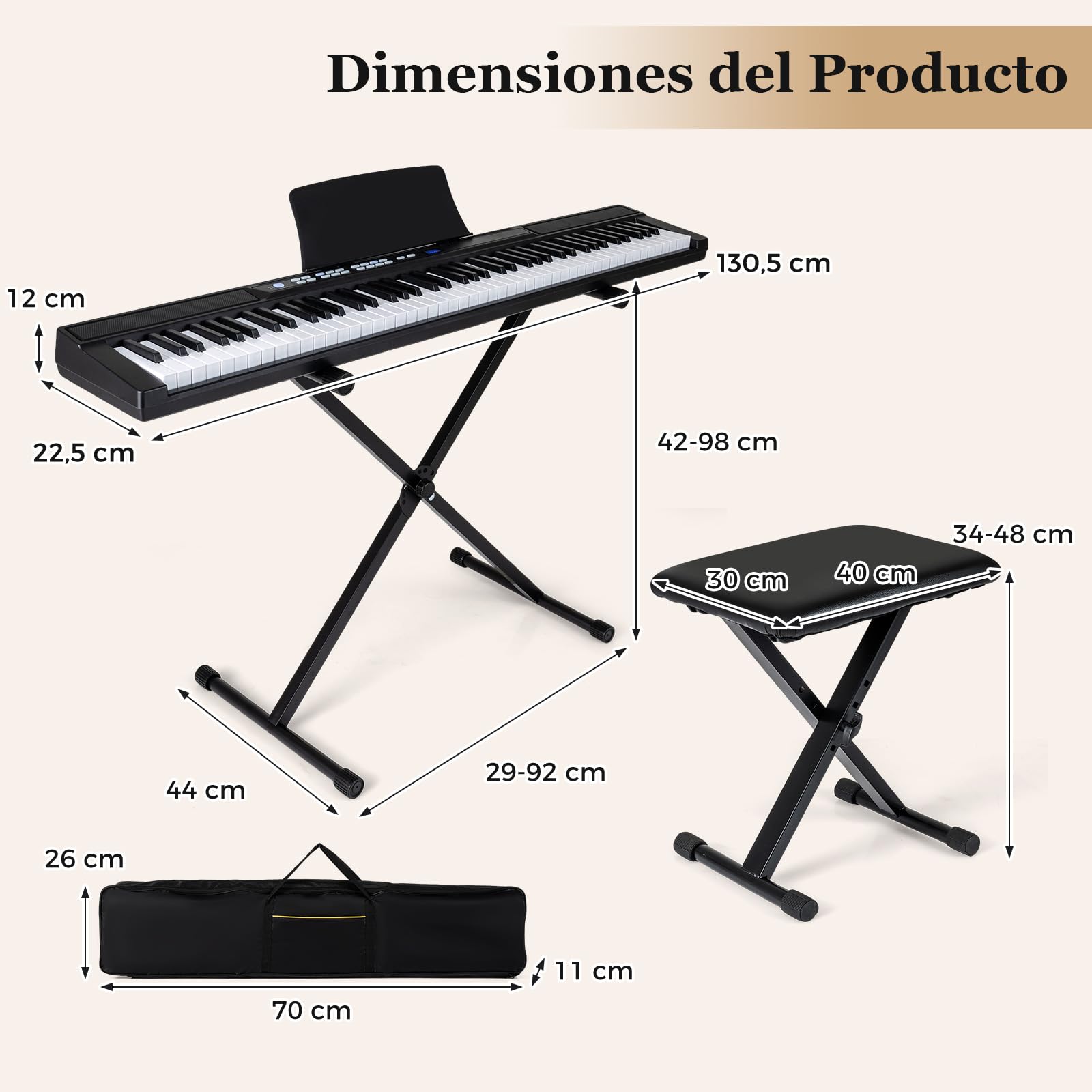COSTWAY Teclado de Piano 88 Teclas, Piano Electrico con Soporte Ajustable y Taburete, Teclado Musical de Tamaño Completo, Teclas Iluminadas, Función MIDI, Pedal para Principiantes, Adultos (Negro)