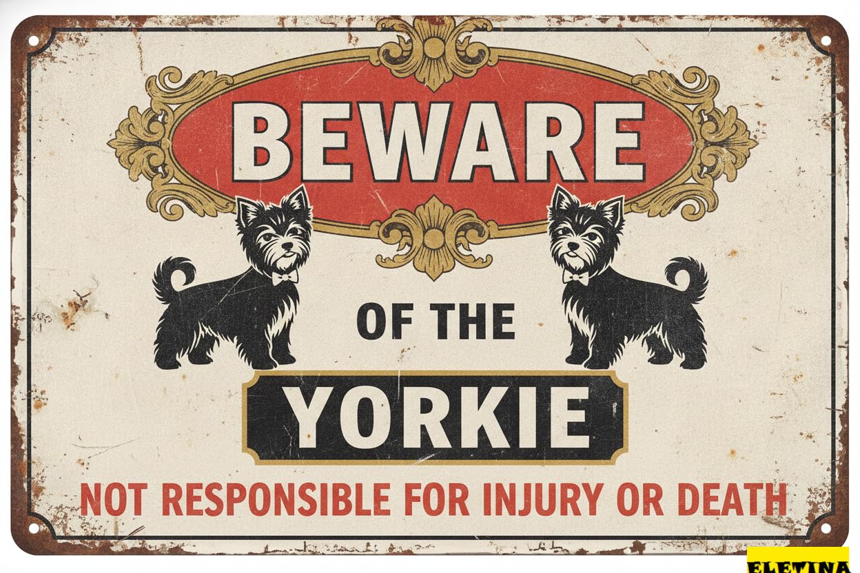 Tin Sign for Man Cave Beware Of The Dog Yorkie Aluminum Metal Tin S Outdoor Yard Warning Fence Yard Home Kitchen Farm Garden Wall Decor 8x12 Inch Private Property Decorative