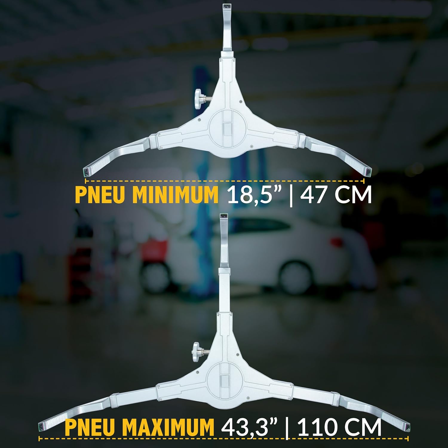 Diagram showing the minimum (18.5 inches) and maximum (43.3 inches) tire compatibility of the clamp.