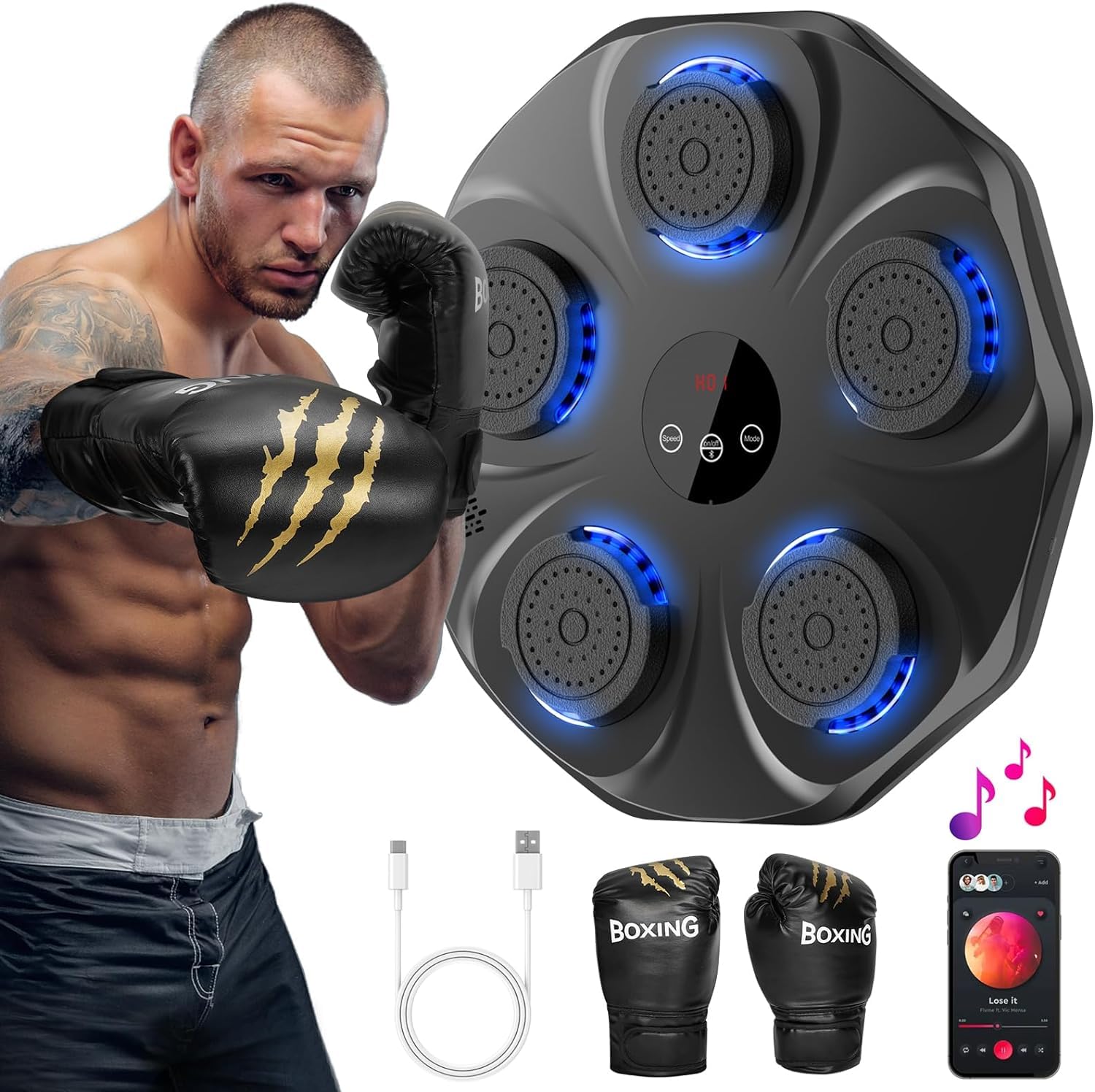 TTLIFE Music Boxing Machine Adulte - Cible Boxe Mural Musique avec Gants de Boxe - Comptage