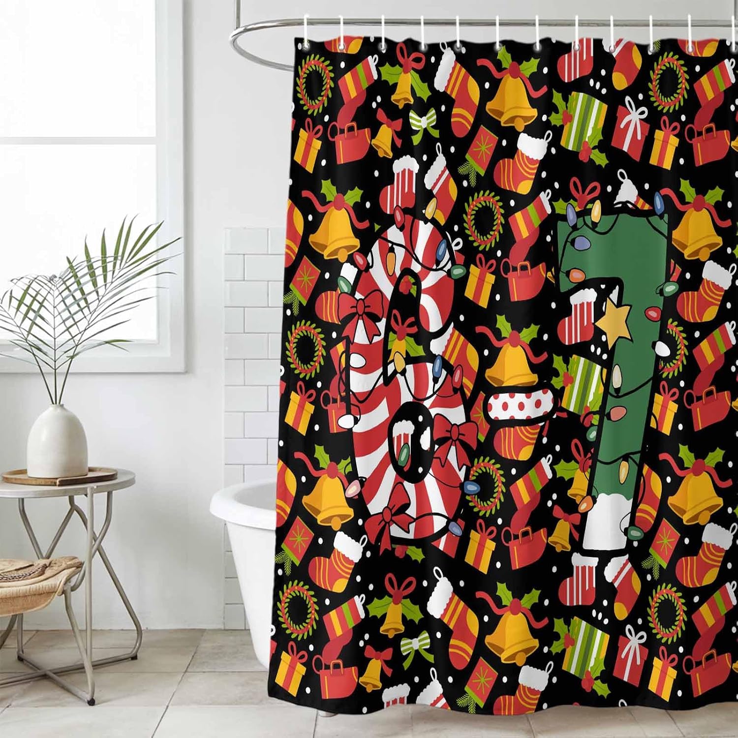 Merry Christmas Waterproof Shower Curtains Set - Stall Shower Curtain 48 x 72 Inch, Winter Xmas Stockings Gifts Bells Cartoon Fabric Bathroom Curtain with 12 Hooks, Bathroom Accessories