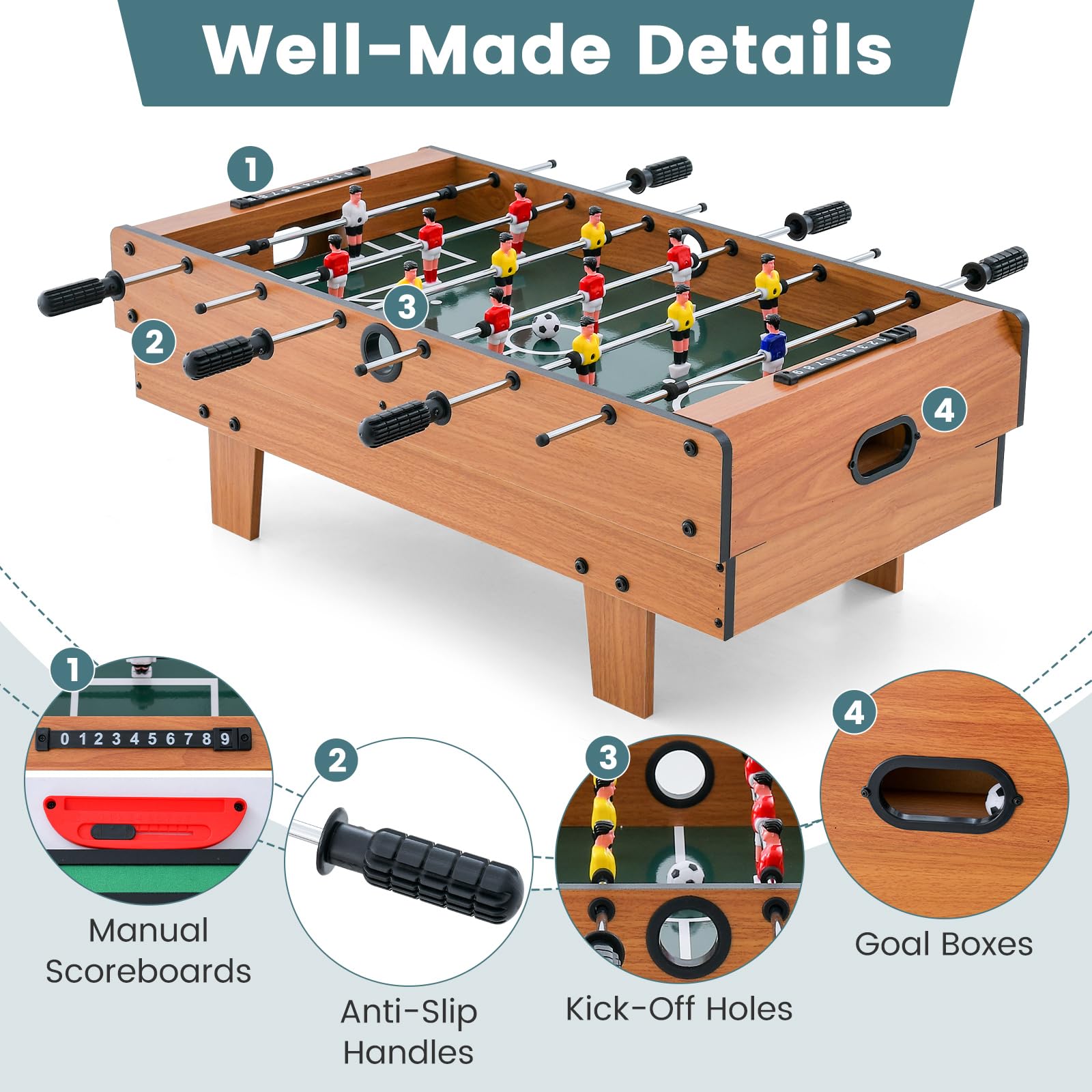 FANTASK Tavolo da gioco 4 in 1 Multifunzione con Manico Antiscivolo, Calcio da Tavolo & Biliardo & Air Hockey & Ping-pong, Calcio Balilla in Legno per Sala Giochi, Bars, Calcio da Tavolo per Bambini