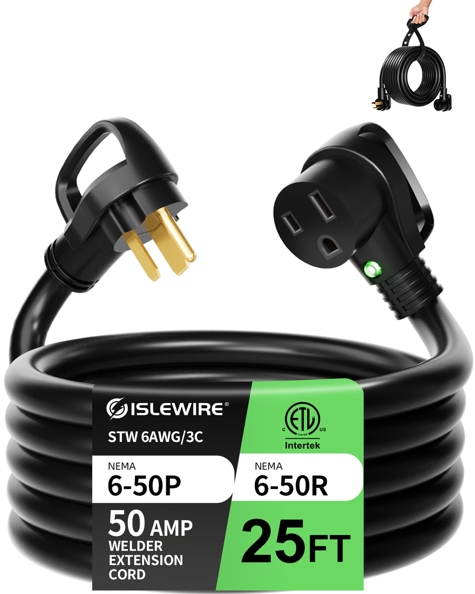 islewire 6 AWG 250V Welder Extension Cord, 25ft Outdoor NEMA 6-50