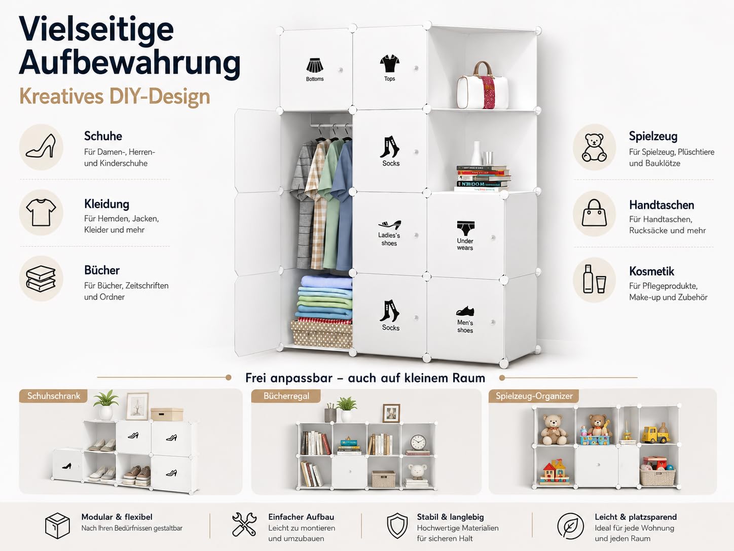Litake 10-Teiliges DIY-Aufbewahrungsset Für Das Schlafzimmer, Offener Kleiderschrank Mit Türen, Begehbarer Kleiderschrank, Modulares Steckregalsystem, Einfache Montage (Weiß)
