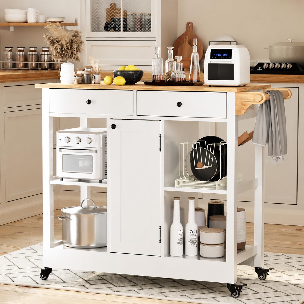 Kitchen Island with Storage, 38 Inch Rolling Kitchen Island on Wheels with 2 Drawers and 4 Open Shelves, Small Wood Top Mobile Kitchen Island Cart