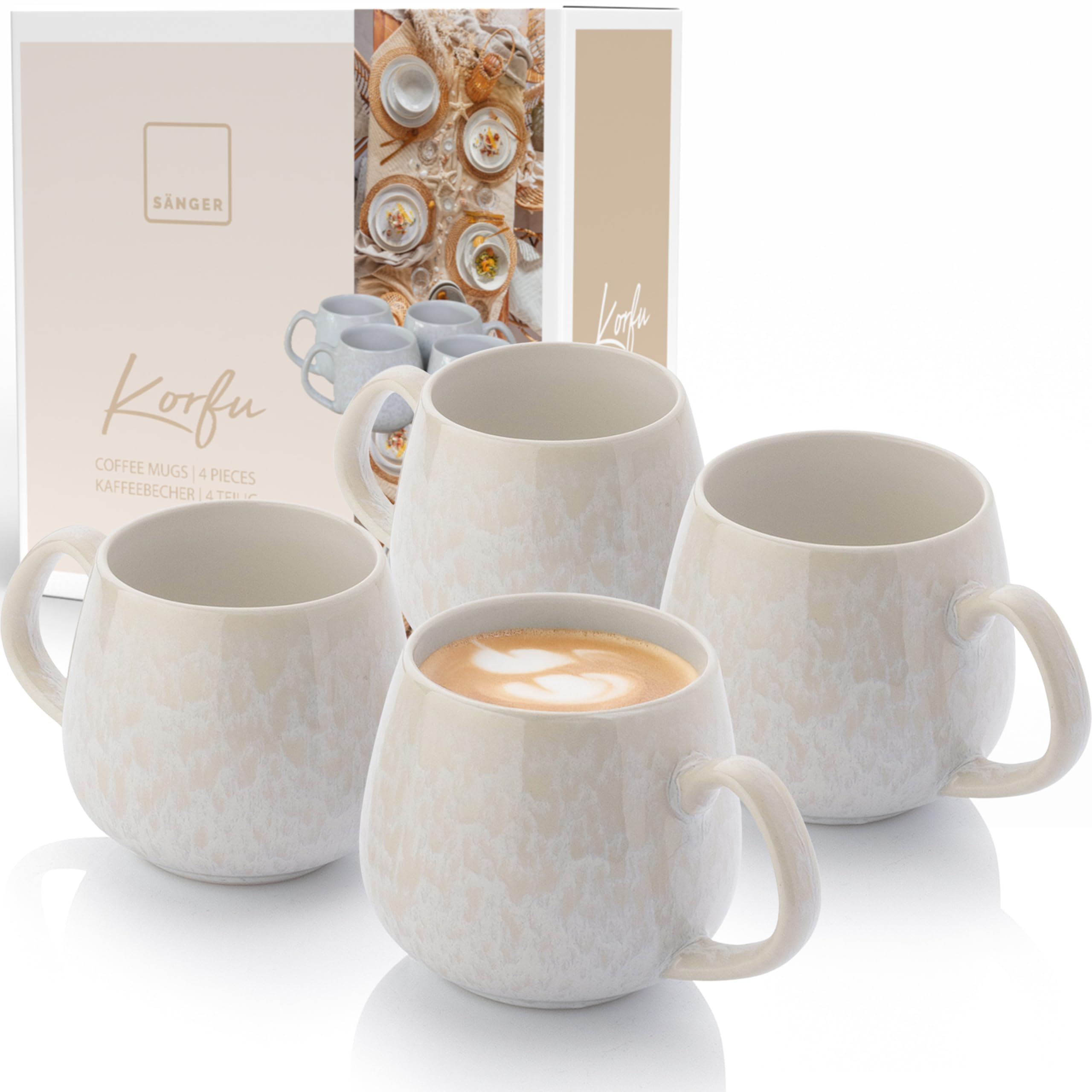 SÄNGER | Tassen Set Korfu 4 tlg, Espressotassen 4 Personen, Steingut Tasse Handmade, Teetassen Spülmaschinenfest, Kaffeebecher, Kaffeetassen Set Creme Farben mit Sandiger Maserung | 150 ml