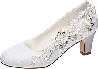 Brautschuhe Frauen Seide wie Satin Stämmiger Absatz Absatzschuhe mit Stich Spitzen Blume Kristall Perle