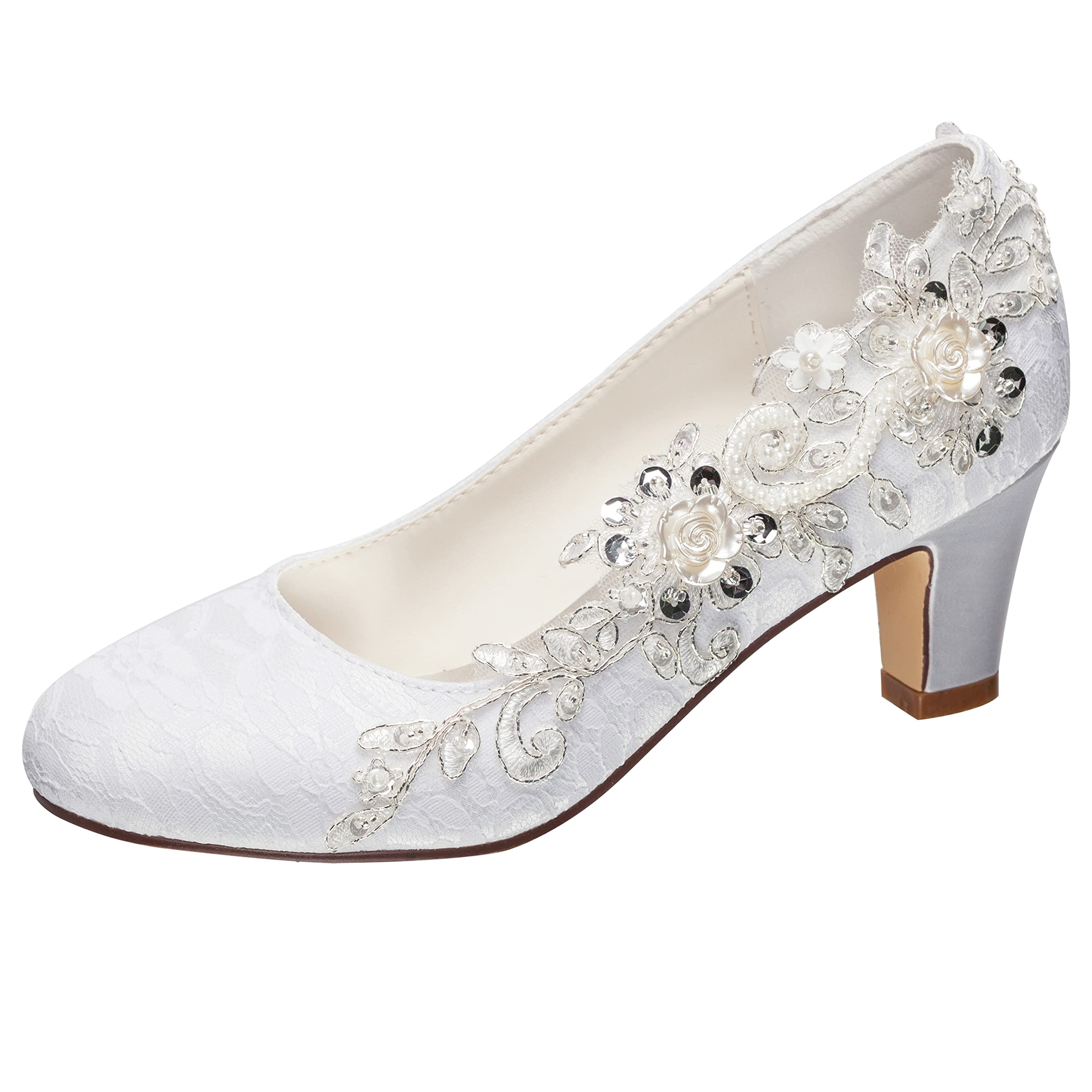 Emily BridalWedding Shoes Women's Silk Like Satin Chunky Heel Pumps with Stitching Lace Flower Crystal Pearl