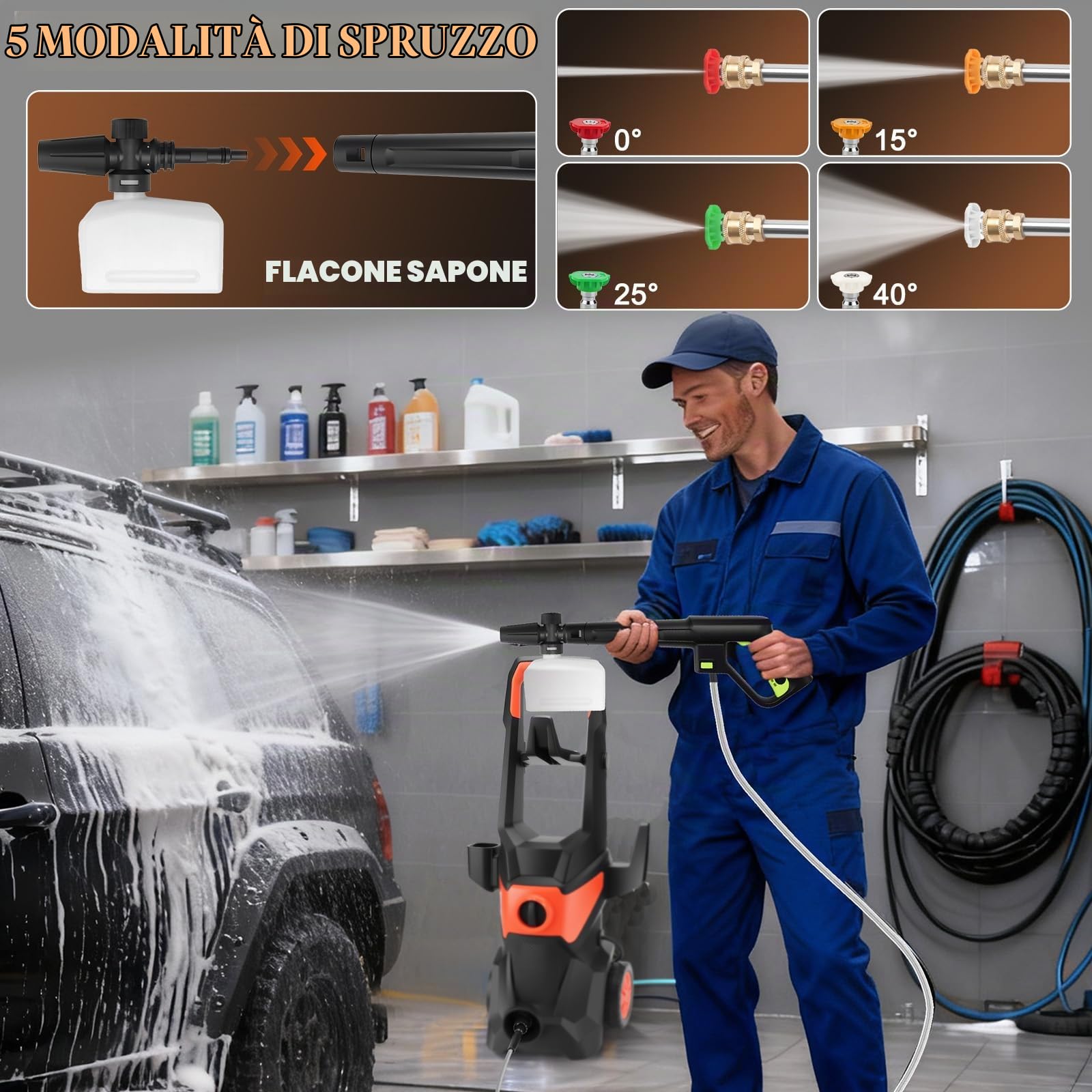 KAOLALI Idropulitrice, 3000W Pressione di Esercizio, Portata 336 l/h | con 4 Ugelli, Lancia Schiumogena, per Pavimenti da Giardino, Recinzioni, Casa, Auto