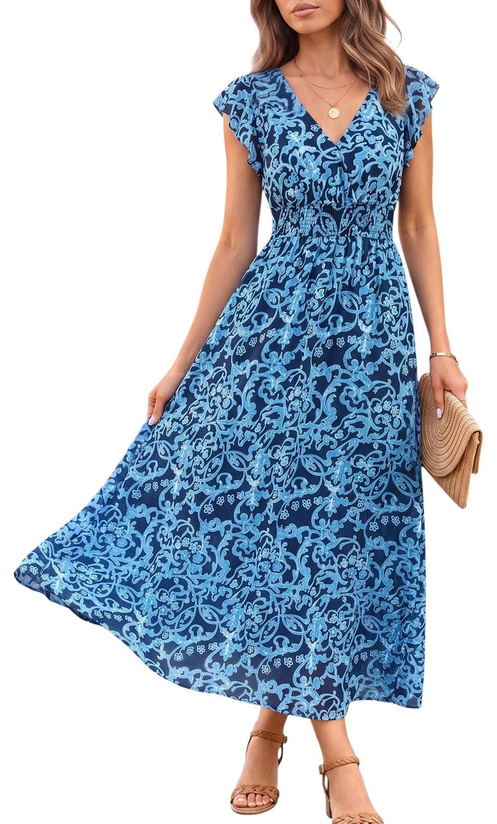YUTILA Robe d'été pour femme - En viscose - Manches à volants - Col en V - Robe de plage trapèze - Motif floral - Légère et aérée - Avec taille élastique