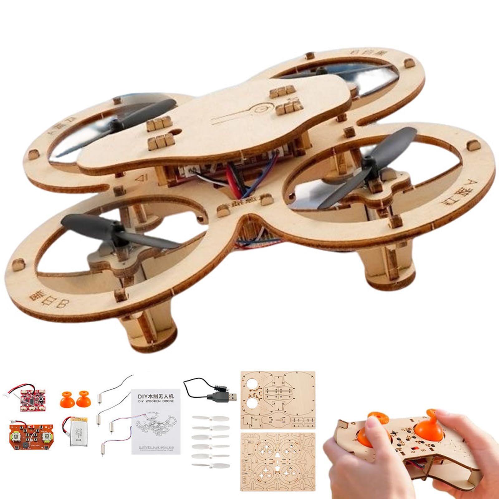 Wooden Drone Model Kit, DIY Wooden Assembly RC Drone Kit, RC Quadcopter Building Kits with 4-Axis Flight, STEM Interactive Educational Science Kits Gift for Boys, Teens and Adults
