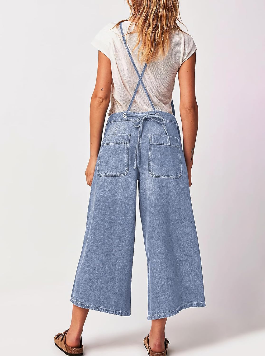 ebossy Women's Adjustable Spaghetti Strap Bib Overalls Casual Loose Wide Leg Capri Jean Jumpsuit - Image 2