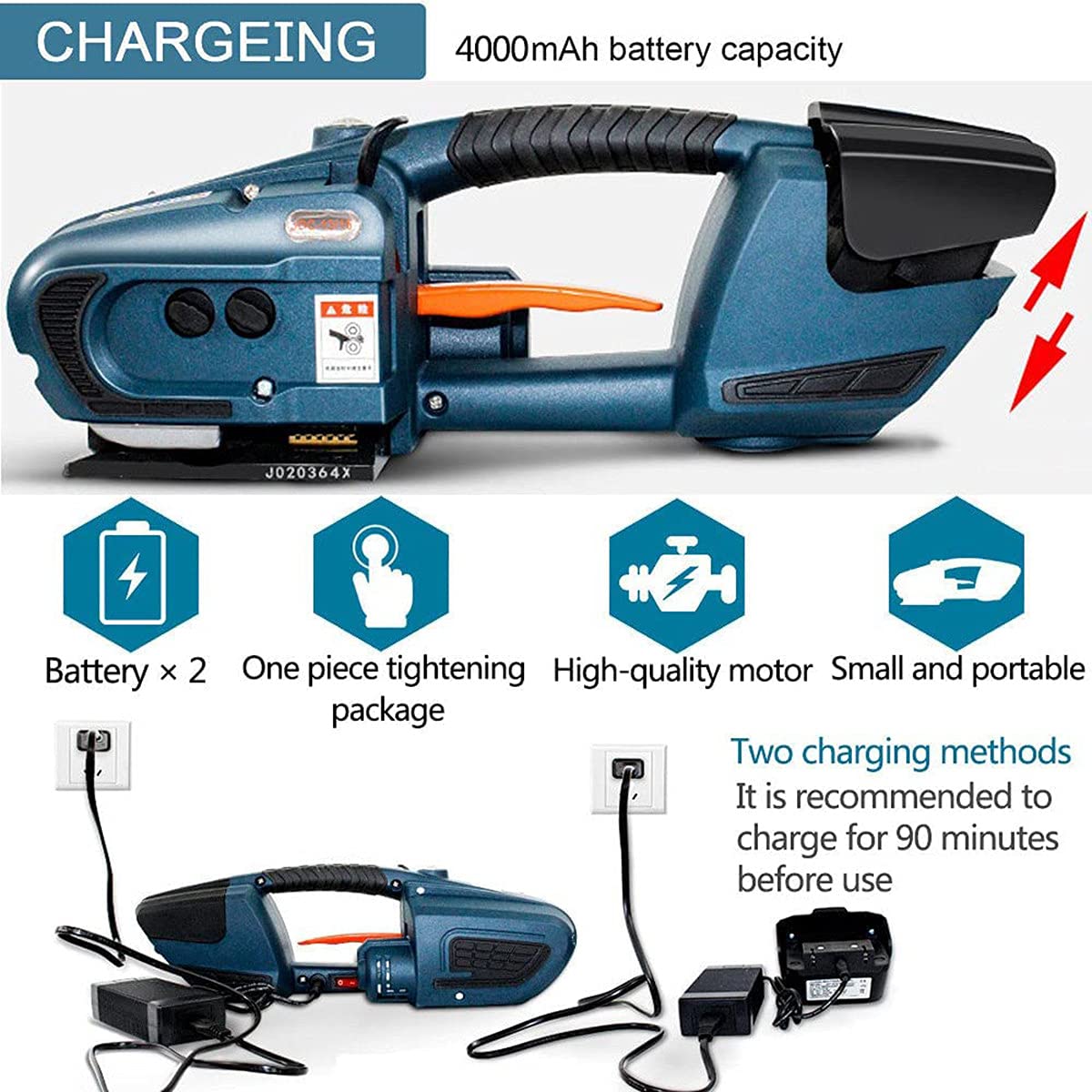 Cerclage Kit 13-16Mm Pet/PP Feuillard Ceinture Banding Machine,Presse à Balles éLectrique,2X4000mAh Batterie Chargable ÉLectrique