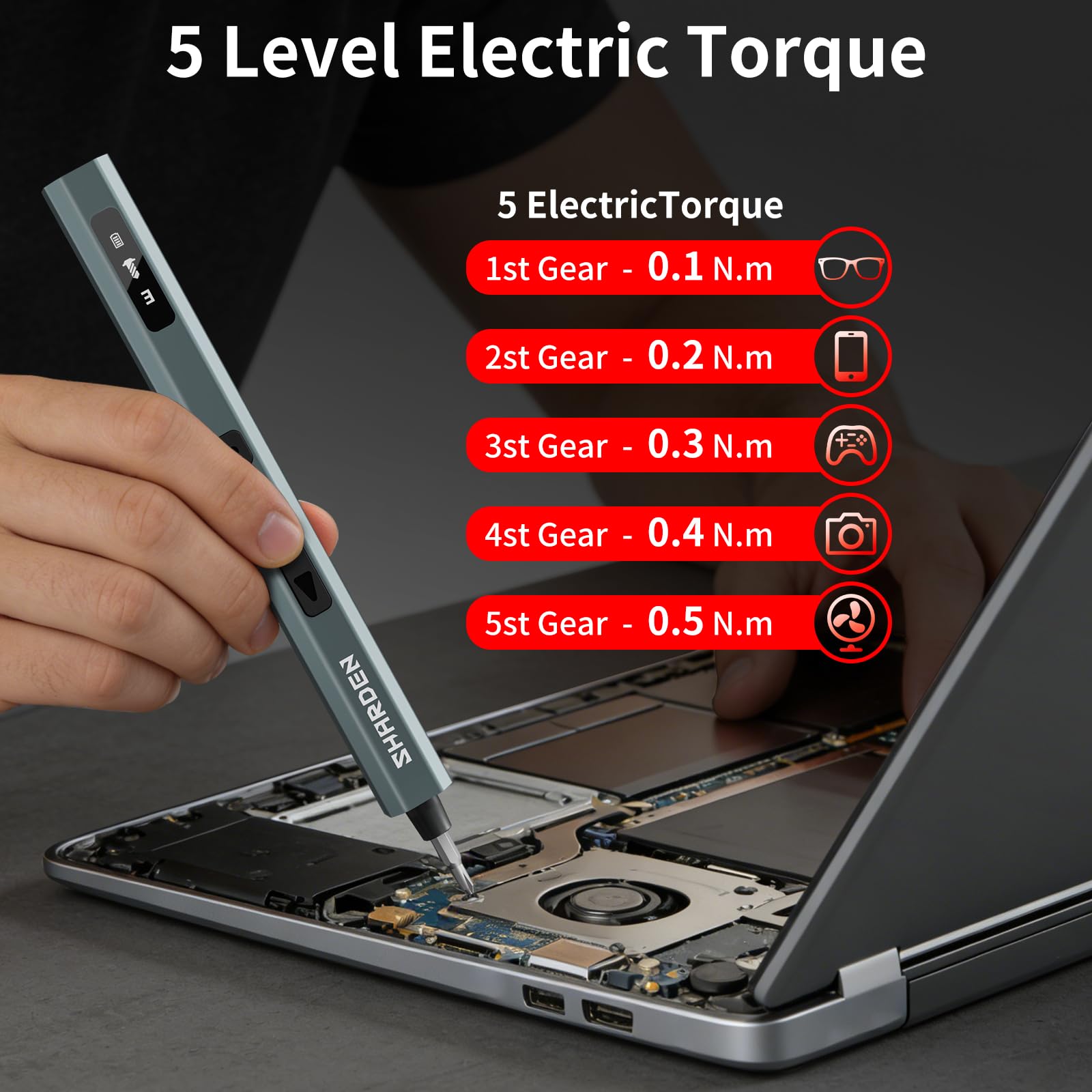 SHARDEN Destornillador eléctrico MIni mejorado 29 en 1, 24 puntas S2 Preicison, ajuste de par de 5 velocidades, con pantalla, kit de herramientas de reparación de destornilladores eléctricos para PC