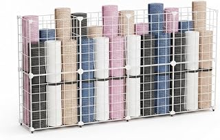 Iron Storage Basket Exercise Mat Organizer Rack Holder Cradle With Sturdy Iron Chassis And Optional Wheels Compact Wire, White, Medium Size, 4 Columns, 2 Layers, 124x32x62cm