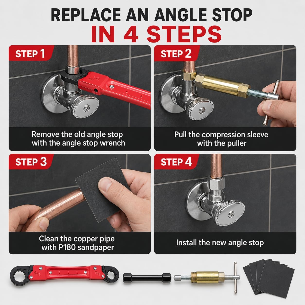 8-Piece Angle Stop Wrench Kit with Compression Sleeve Puller | 8-piece angle stop wrench kit with compression sleeve puller, P180 sheets and pouch for under-sink shutoff valve repair