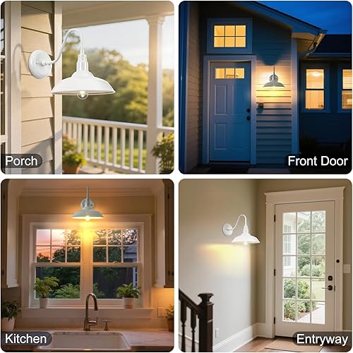 Miniatura 2 de Lámpara de granero de cuello de cisne para exteriores de 10 pulgadas de diámetro con montaje en pared, linterna de pared blanca impermeable para